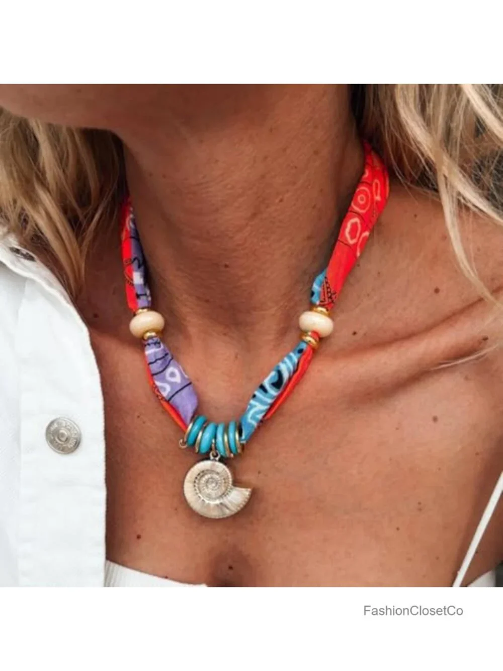 Conch Shell Scarf Charm Necklace Boho Wrap Bandana Statement Jewelry
